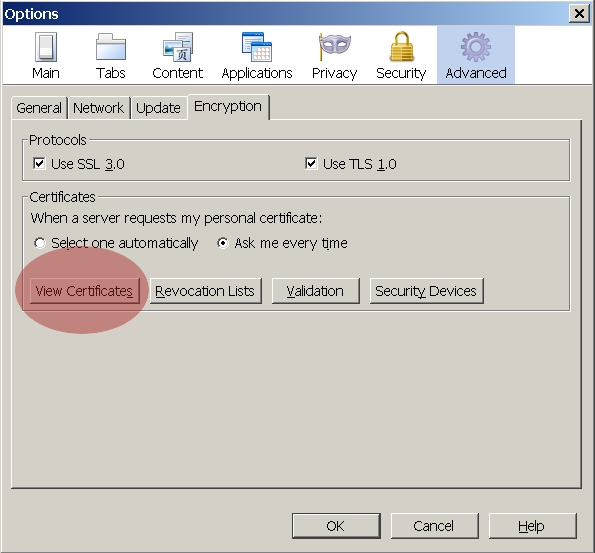 Captura de la pantalla per visualitzar els certificats