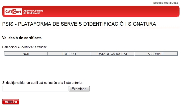 Captura de pantalla de la validació de certificats de CATCert